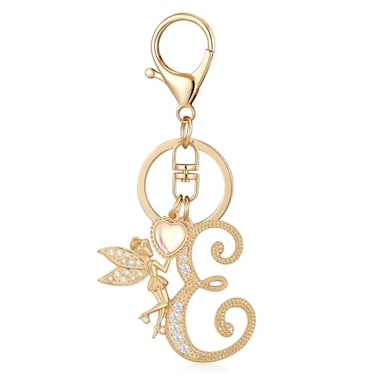 OKAICEN Gold Plated Angle Alphabet Initial Letter Keyring Keychain for Women Girls Crystal Key Chains for Wallet Backpack Bag Charm E