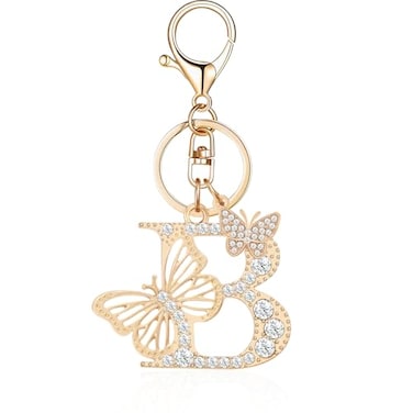 OKAICEN Gold Plated Butterfly Alphabet Initial Letter Keyring Keychain for Women Girls Crystal Key Chains for Wallet Backpack Bag Charm B