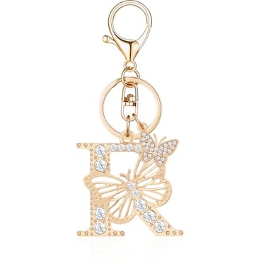 OKAICEN Gold Plated Butterfly Alphabet Initial Letter Keyring Keychain for Women Girls Crystal Key Chains for Wallet Backpack Bag Charm R