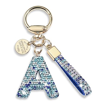 JINGUAZI Pink Blue White Initial Letter Keychain Gift for Women Girls Bling Sparkly Cute Backpack Car Key Accessories Lanyard Ablue