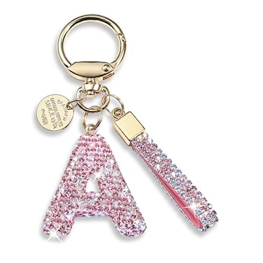 JINGUAZI Pink Blue White Initial Letter Keychain Gift for Women Girls Bling Sparkly Cute Backpack Car Key Accessories Lanyard Apink