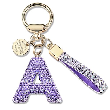 JINGUAZI Pink Blue White Initial Letter Keychain Gift for Women Girls Bling Sparkly Cute Backpack Car Key Accessories Lanyard Apurple