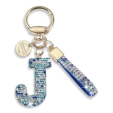 JINGUAZI Pink Blue White Initial Letter Keychain Gift for Women Girls Bling Sparkly Cute Backpack Car Key Accessories Lanyard Jblue