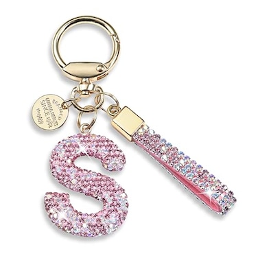 JINGUAZI Pink Blue White Initial Letter Keychain Gift for Women Girls Bling Sparkly Cute Backpack Car Key Accessories Lanyard Spink