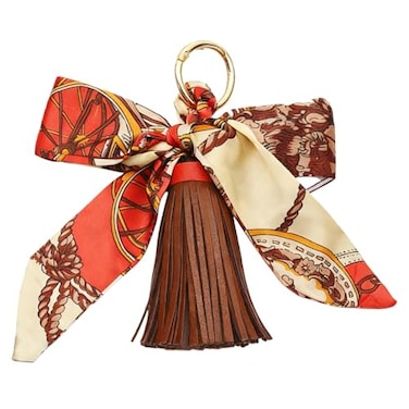 QTMY Silk Ribbon Bow Tassel Bag Pendant Charm Keyring Keychain for Women Purse Handbag Decor Brown