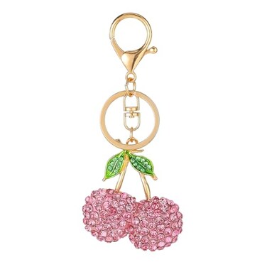 Hariendny Rhinestone Cherry Keychain Sparkling Fruit Bag Charm With Leaves Keyring for Purse Wallet Handbags Car Accessories Pink