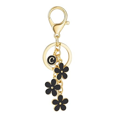 SELOVO Letter Keychain Black Flower Initial C Cute Key Chain Keychain Charm for Women