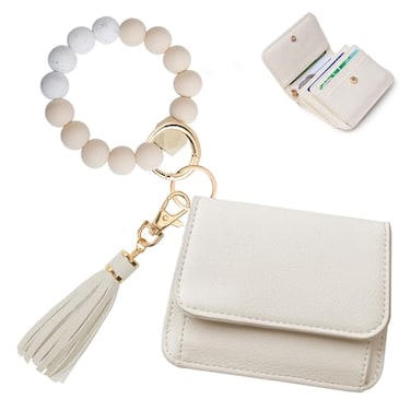 Sunpour Keychain Wallet RFID Wristlet Wallets for WomenSmall Wallets Woman Key Chain Wallet with Coin Pocket and Id Window Beige