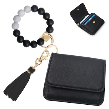 Sunpour Keychain Wallet RFID Wristlet Wallets for WomenSmall Wallets Woman Key Chain Wallet with Coin Pocket and Id Window Black