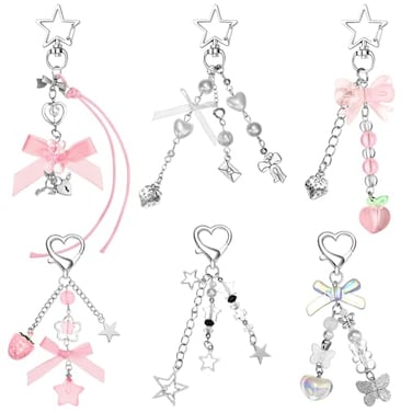 Sureio 6 Pcs Aesthetic Y2K Keychains Valentines Day Gift Cute Bow Star Bear Heart Strawberry Keychain with Tether Tag for Backpacks Keys Bags Purse 6 Styles