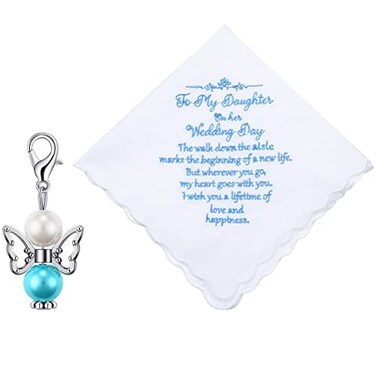 Tegeme 2 Pcs Brides Wedding Handkerchief Something for Daughter Blue Color Gift for Bride Handkerchief and Angel KeychainsElegant Style