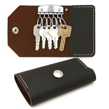 TheAntiq Genuine Leather Key Organizer Wallet Compact Key Holder Case with 6 Hooks Cash Pocket Snap Closure Keychain with Carabiner for Car Home Keys Brown