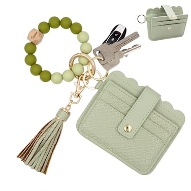 TSNSOEEO Keychain Wallet Wristlet RFID Small Credit Card Holder Bracelet Key Chain Purse Bangle Tassel Beads Key Rings for Women