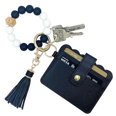 TSNSOEEO Wristlet Keychain Bracelet Wallet Key Ring Silicone Bead Bangle Tassel Card Pocket Key Chains for Woman