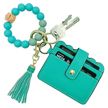 TSNSOEEO Wristlet Keychain Bracelet Wallet Key Ring Silicone Bead Bangle Tassel Card Pocket Key Chains for Woman