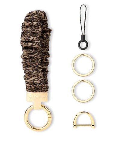 WEESMILE Keychain Wristlet Stretchy Key Chain for Car Keys with D ring Cute Scrunchie Wrist Bracelet for Women Men Print Leopard