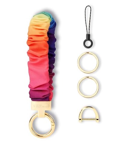 WEESMILE Keychain Wristlet Stretchy Key Chain for Car Keys with D ring Cute Scrunchie Wrist Bracelet for Women Men Print Rainbow