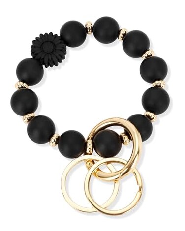 WEESMILE Silicone Key Ring Bracelet Cute Keychain Wristlet with 2 Key Rings Elastic Car Key Holder Bangle for Women Daisy Black