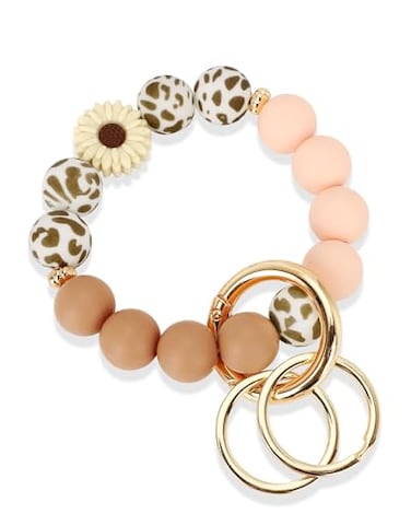 WEESMILE Silicone Key Ring Bracelet Cute Keychain Wristlet with 2 Key Rings Elastic Car Key Holder Bangle for Women Daisy Brown Cow 1