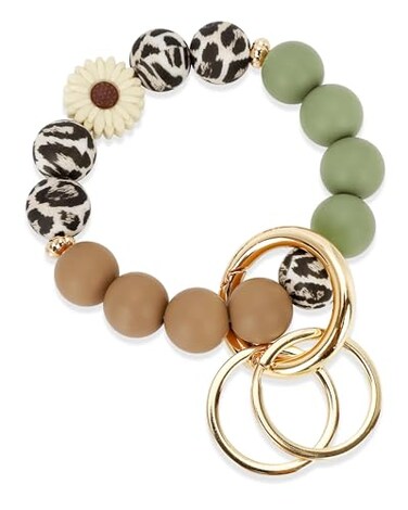 WEESMILE Silicone Key Ring Bracelet Cute Keychain Wristlet with 2 Key Rings Elastic Car Key Holder Bangle for Women Daisy Brown Leopard