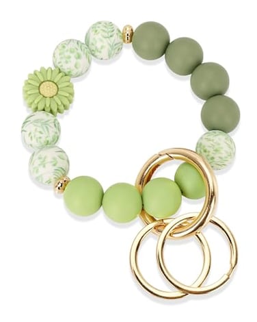 WEESMILE Silicone Key Ring Bracelet Cute Keychain Wristlet with 2 Key Rings Elastic Car Key Holder Bangle for Women Daisy Spring Green