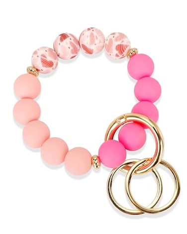WEESMILE Silicone Key Ring Bracelet Cute Keychain Wristlet with 2 Key Rings Elastic Car Key Holder Bangle for Women Heart Pink