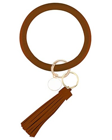 Weixiltc Leather Wristlet Keychain Big O Bracelet with Tassel Brown