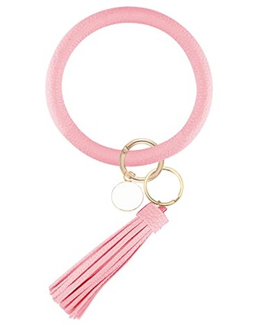Weixiltc Leather Wristlet Keychain Big O Bracelet with Tassel Pink