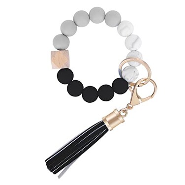 Weixiltc Silicone Beaded Keychain Wristlet with Tassel for Women Black