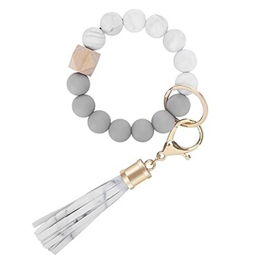 Weixiltc Silicone Beaded Keychain Wristlet with Tassel for Women White