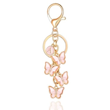 XGALBLA Pink Cute Initial Letter A Keychain for Women Butterfly Bag Charms Acrylic Crystal Butterfly Letter Keyring Purse Bag Accessories