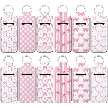 Yeyeplum 12 Pcs Lipstick Holder Keychain Bulk Cute Pocket Lip Balm Holder Keychain Backpack Purse Accessories for Women Lip Gloss Sleeve Pouch 6 StylePink Bow