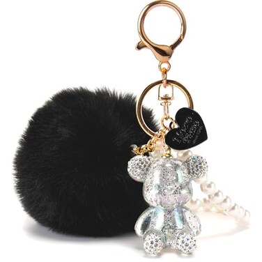 YOU WIZV Teddy Bear Keychain Cute Bling Keychains for Women and Puff Ball key chains for Car Keys Backpack Purse Accessories Aesthetic Black Pom Pom Keychain