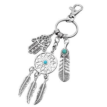 ZUNON Dreamcatcher Keychain Silver Toned Key Chain Featuring Stainless steel Hamsa Personalized gift and Budda Hand Charm Keyring Dreamcatcher Keychain with Feather