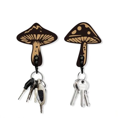 AHANDMAKER 2 Sets Wooden Mushroom Wall Hooks Key Holder Wall Mounted Mushroom Decor Hanger for Room Keys Home Decor