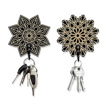 AHANDMAKER Wood Mandala Key Holder 2 Sets Wall Mount Bohemian Style 2 Hooks Key Organizer Decorations Home Decor 39x39x03 inch 3 lbs Weight Capacity