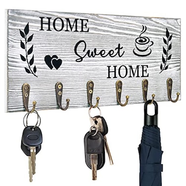 AHYS Key Holder Wall Mount Home Sweet Home Decor Rustic Wooden Key Rack Hanger with 6 Hooks for Farmhouse Entryway Living Room Decor Light Grey