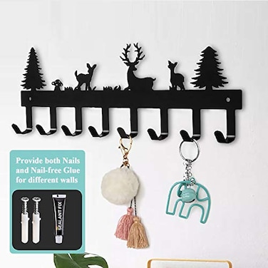BeiLeiNiceHK Key Holder Wall Mount Metal Key Hook Cute Forest Deer Key Hanger Adhesive Key Organizer Rack for EntrywayFront DoorHallwayOffice8HooksBlack