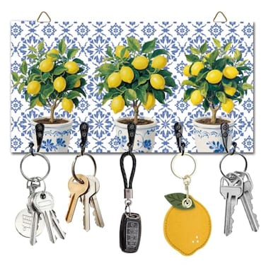 DELORIGIN Lemon Tree Key Holder Key Hooks Wall Mounted Wooden Key Racks with 5 Hooks Key Storage Organizer House Key Hanger for Wall Decor Door Entryway Hallway Kitchen New Home Gift