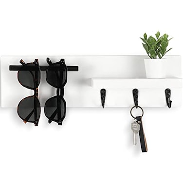 Lucundm Key Holder for Wall Decorative Entryway Shelf with Hooks Holds Keys Dog Leash Sunglasses Key Hanger with 3 Hooks Organizes Enhances Home Decor 15 x 45 x 26 White