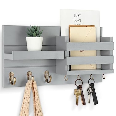 Lwenki Mail Organizer for Wall Mount Key Holder with Shelf Includes Letter Holder and Hooks for Coats Dog Leashes Rustic Wood with Flush Mounting Hardware 165 x 87 x 35 Gray