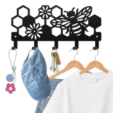 MAYJOYDIY Bee Beehive Metal Key Hook Honey Bee Flowers Coat Rack Wall Mounted 9847inch Honeycomb Insect Black Art Key Holder with 5 Hooks for Gift Kitchen Bathroom Clothes Storage