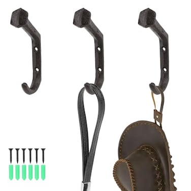 Brosay Railroad Spike Coat Hooks Vintage Cast Iron Wall Hook Heavy Duty J Shape Hooks Rustic Hook for Hanging Farmhouse Towels Clothes Bags Hats Keys 3 Pcs J Shape