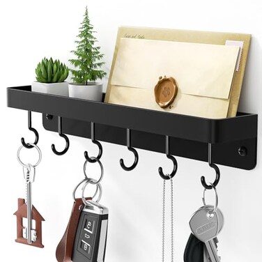 niffgaff Black Key Holder Wall Mount Stainless Steel Self Adhesive Hooks Rack with Shelf No Drill Key Hanger for Door and Wall