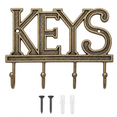 Comfify GoldBlack Cast Iron Key Holder for Wall Keys Sign with 4 Hooks