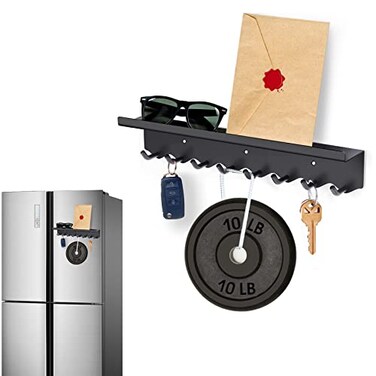 Volnamal Key Holder Wall Mount Magnetic Key Hooks and Mail Organizer Tray with 8 Hooks Adhesive Key Rack Hanger for Entryway Refrigerator Black