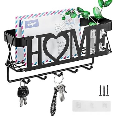 OHOBABY Key Holder for Wall Key Rack with 5 Key Hooks 1102 L275 W492 H Key and Mail Organizer Wall Mount with Mesh Basket Key Hanger for Wall Entryway Home DecorMatte Black