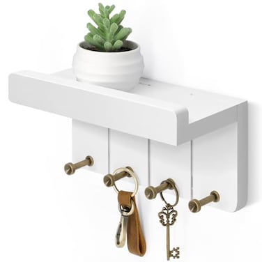 Rebee Vision Small Key Holder Wall Mount Aesthetic Room Decor with 4 Study Hooks and Mini Floating Shelf Ideal Apartment Essentials for Farmhouse Living Room and Home Decor Modern White