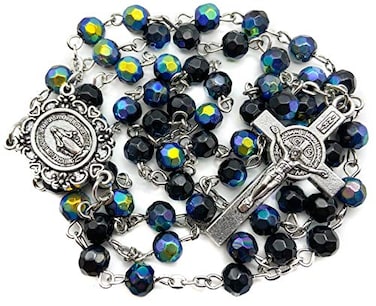 Nazareth Store Blue Crystal Beads Saint Benedict Rosary Sheen Beaded Necklace Miraculous Medal and StBenedict Cross