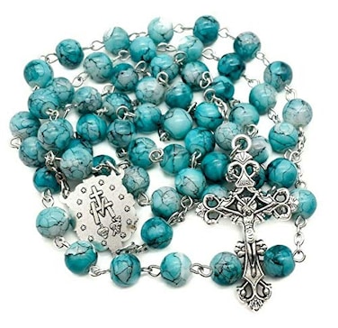 Nazareth Store Blue Marble Crystallized Rosary Beads Handcrafted Prayer Necklace with Miraculous Medal and Jesus Cross